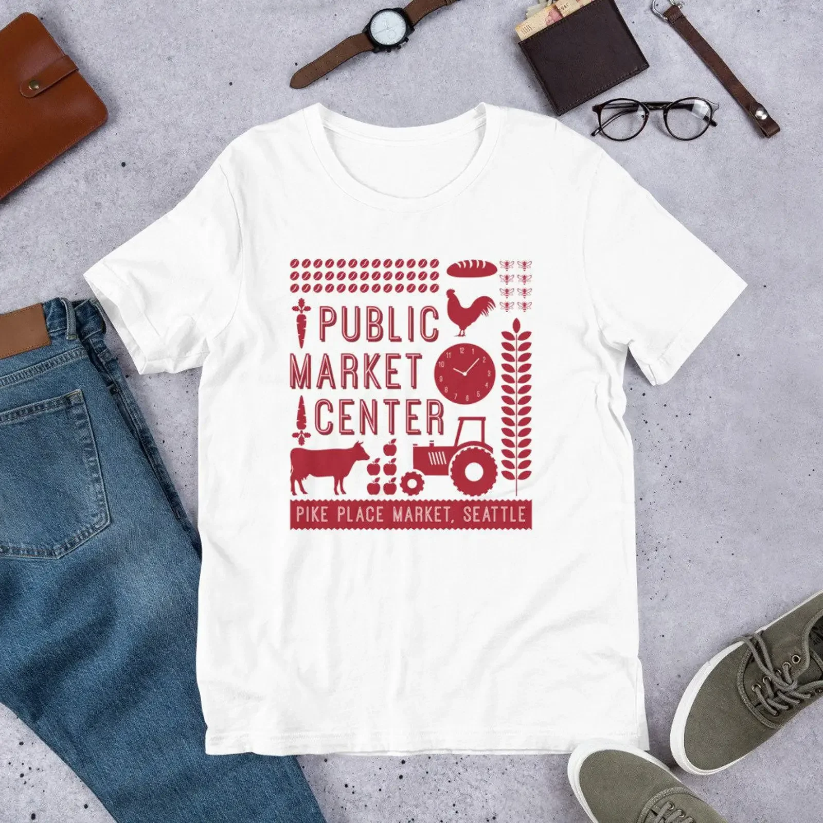 Pike Place Market Seattle t shirt vintage Washed Soft streetwear graphic homme Stylish Breathable Comfortable fashion Casual