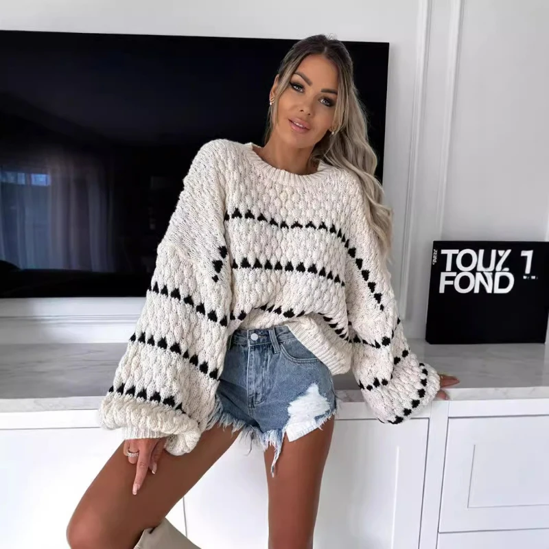 

Women Knit Sweaters Striped Thick Pullover Full Sleeve Round Neck Casual Sweater Loose Elegant Lady Autumn Slight Strech