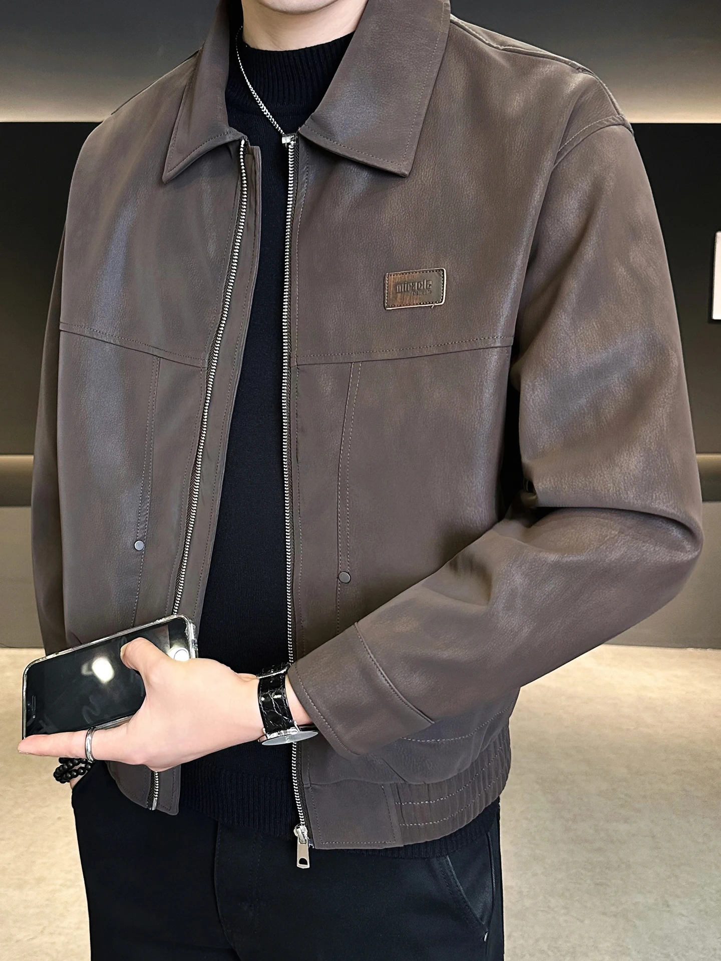 

Облегающий кожаный дэт для мужчин, осенний сезон, модный бренд 2025, новый дизайн воротника Sle, нашивка с этикеткой, мотоциклетный джет