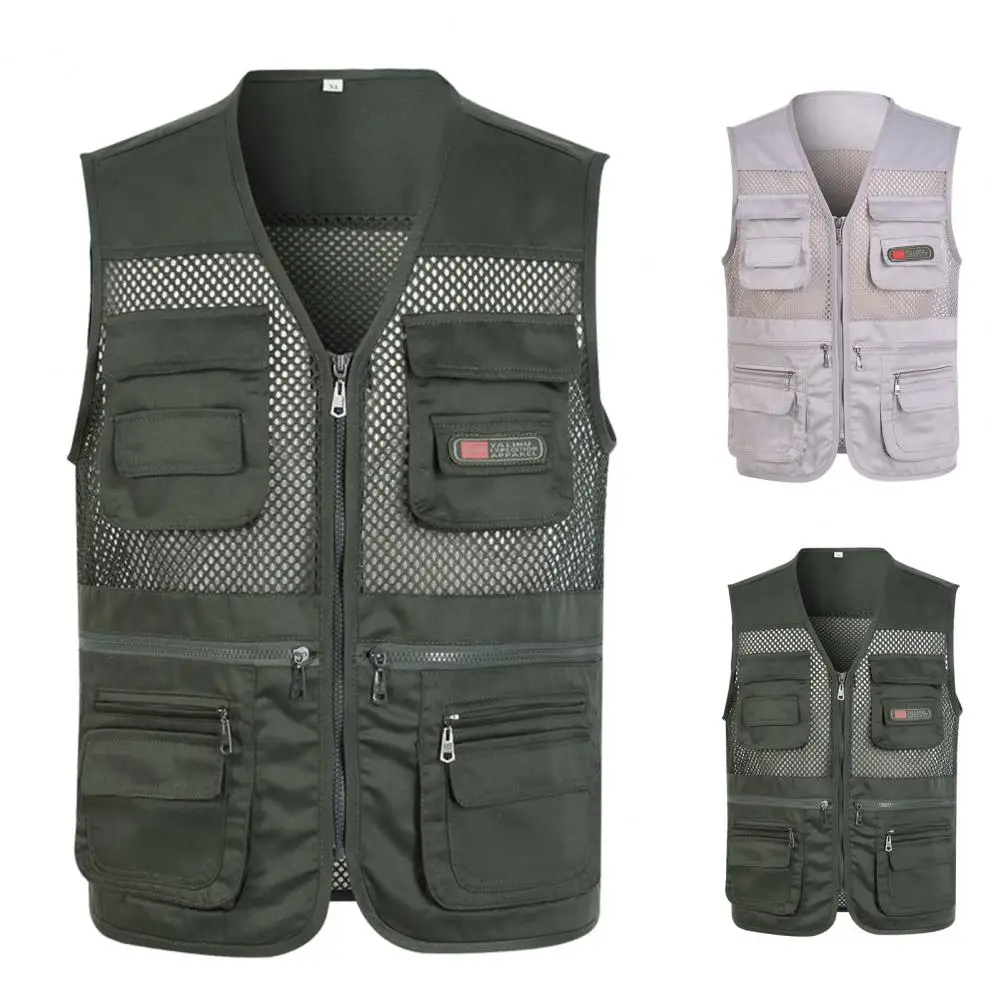 Sleeveless Loose Straight Vest Solid Color Mesh Plus Size Multi Pockets Casual Summer Fishing Waistcoat for Outdoor