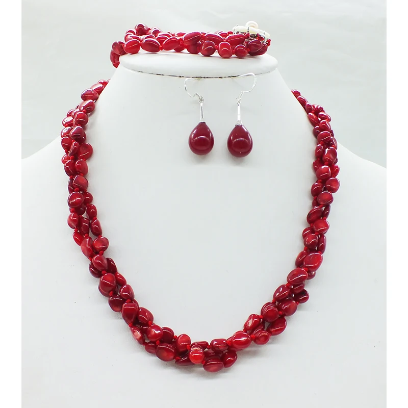 Unique Its gorgeous classic 3 shares  red coral necklace  Bracelet Earrings  Wedding Jewelry Set 18