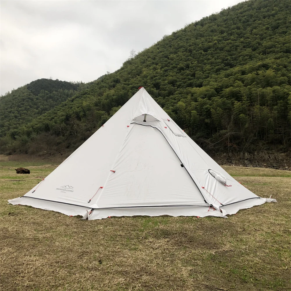 2 Types Lightweight Camping Pyramid Tent 210T Plaid 4 Season Winter Bushcraft Tent with Free Stove Jack Height 160cm Dia. 320cm