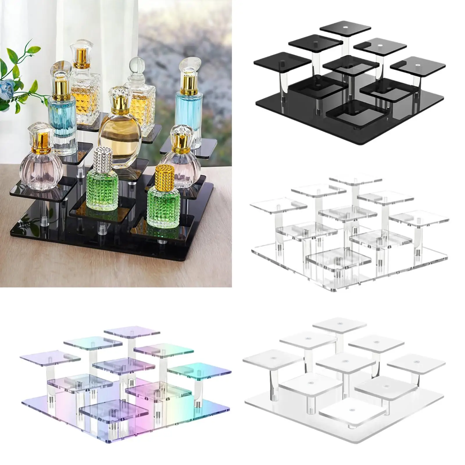 Acrylic Display Stand Sturdy Shelf Multipurpose Storage Rack Figures Perfume Organizer for Medals Dessert Figures Cupcake Badges