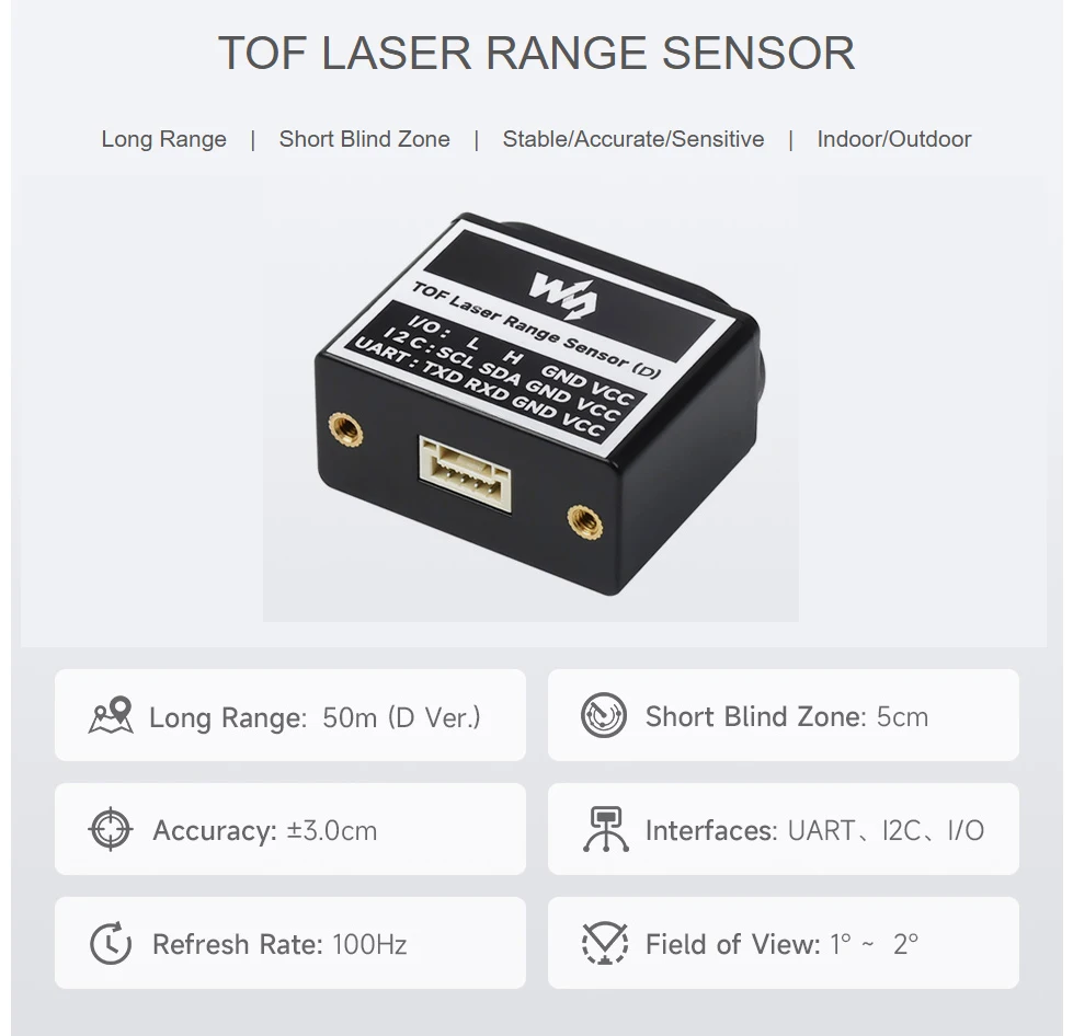TOF Laser Range Sensor, UART / I2C / IO Communication Support, 50m Measuring Range for Height Testing Robot Obstacle Avoidance