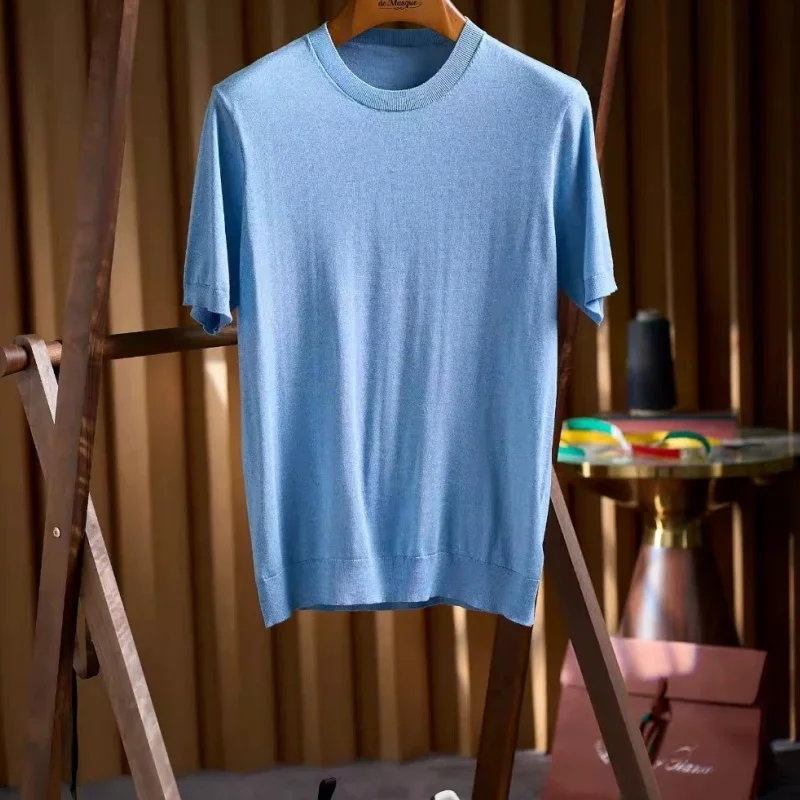 Italian vintage style men's spring and summer classic Lyocell men's round neck knitted short sleeved T-shirt base shirt