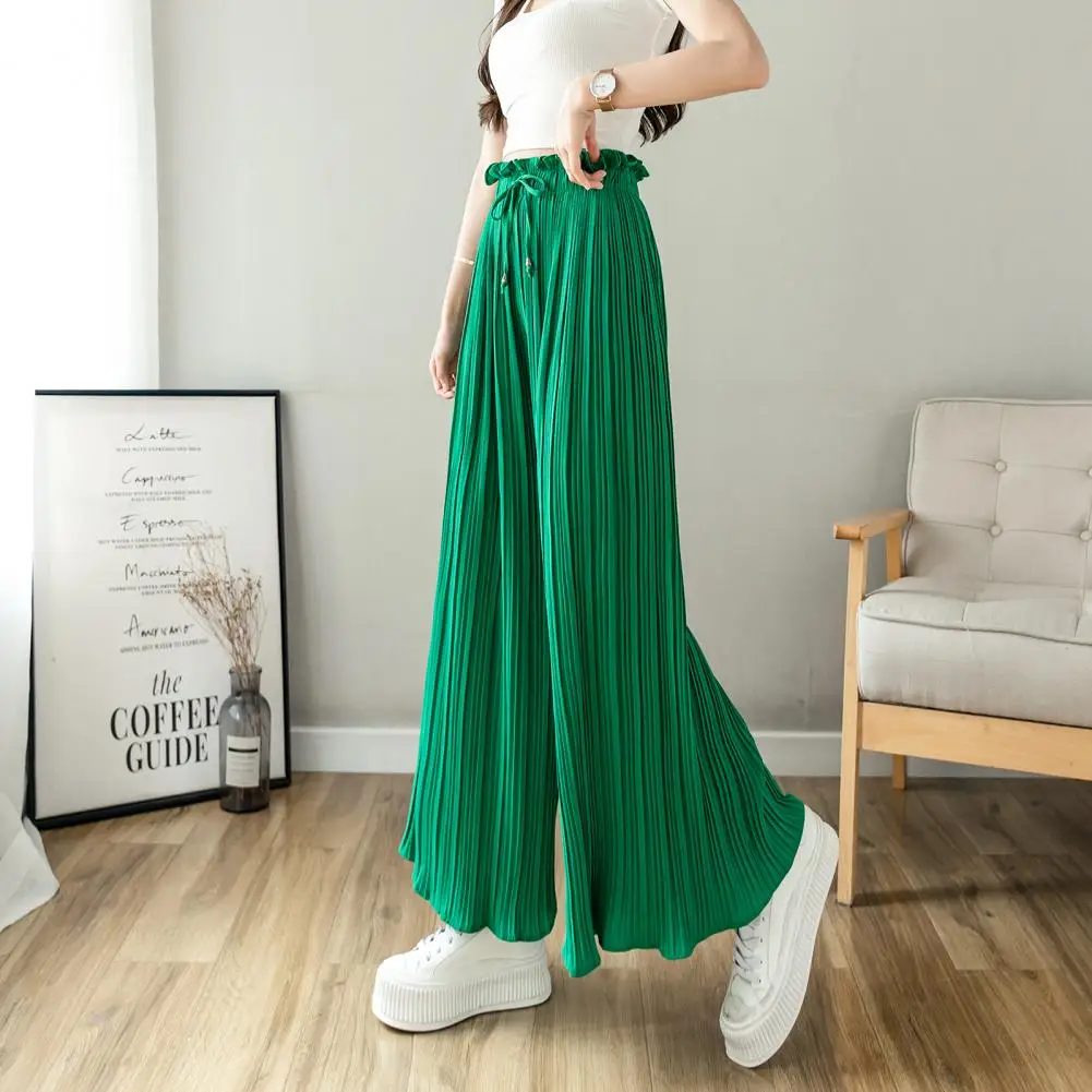 Pleated Wide-leg Pants Stylish Wide Leg Trousers Elastic High Waist Adjustable Drawstring Pleated Design Women's Casual Pants