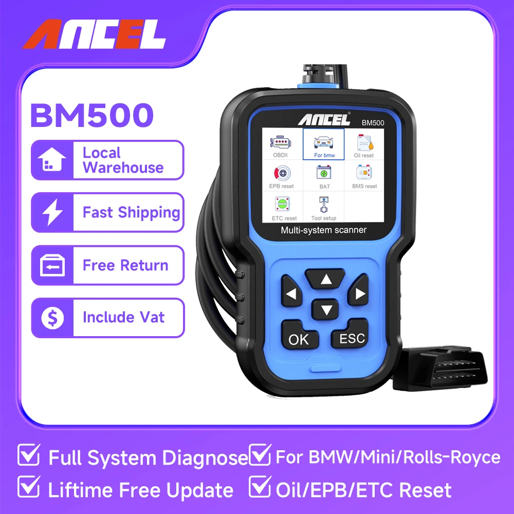 ANCEL BM500 OBD2 Scanner for BMW E93 E65 EPB BMS Oil Reset OBD 2 Diagnostic Multi-language Car Diagnostic Tool