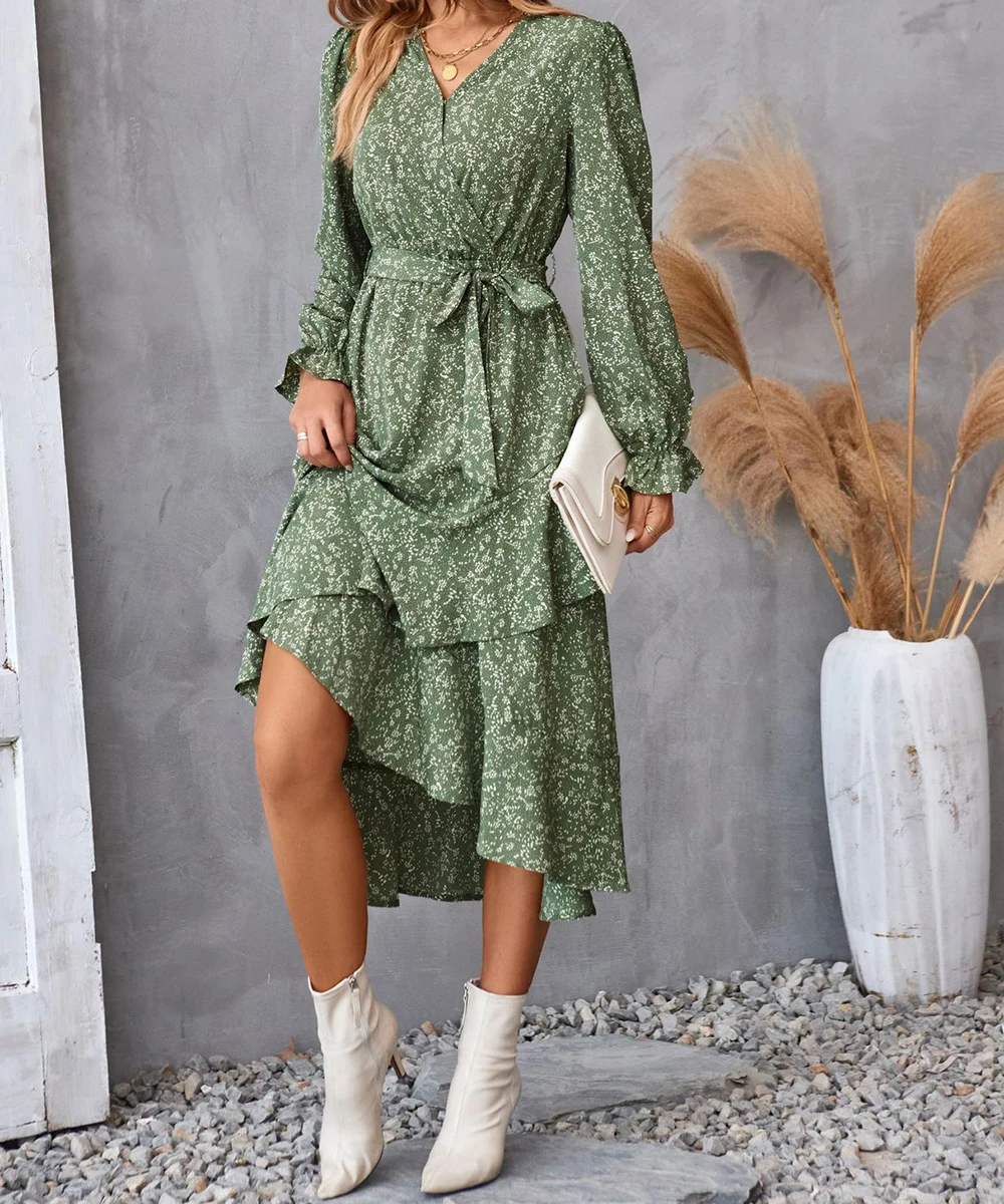 2023 Autumn Spring Printed Dress Elegant Women Sexy V-neck Long Sleeved Dress For Women's Split  Pringting Dresses Women Dresses