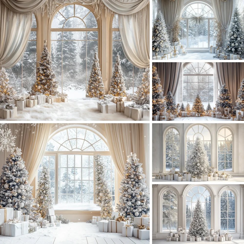 

Christmas Tree Photography Christmas White Palace Wedding Party Window Christmas Tree Gift Background Winter Family Kids Photo