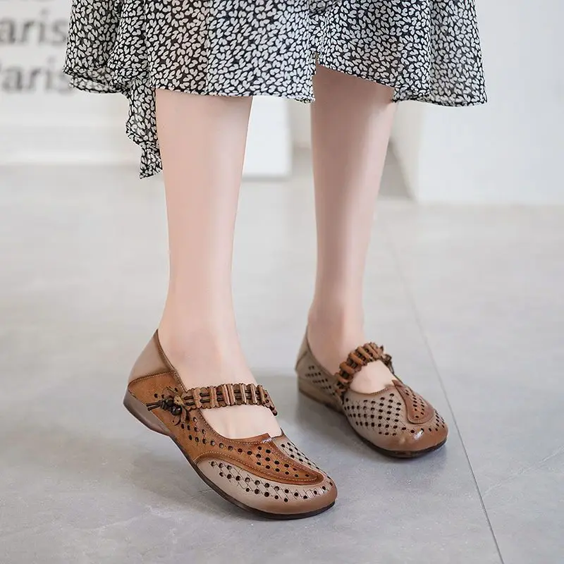 أحذية نسائية من الجلد للربيع والخريف، أحذية مسطحة للأمهات غير قابلة للانزلاق، مقاس كبير، أحذية فردية ناعمة من الأسفل