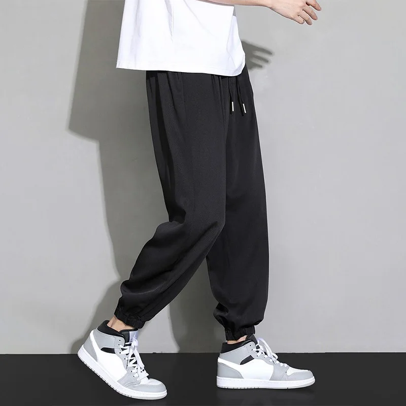 

New Men Casual Jogger Pants Summer Ice Sil Long Trousers Loose Breathable Elastic Waist Drawstring Sweatpants Streetwear Trouser