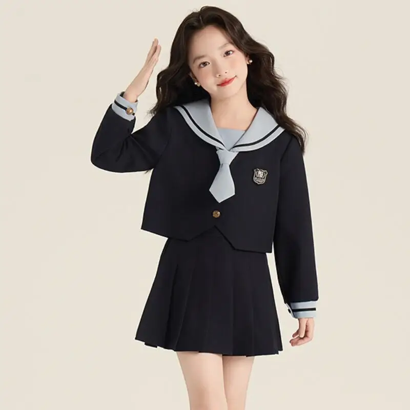 

Kawaii модные топы для девочек, костюм с юбкой, студенческий весенне-осенний повседневный костюм с героями мультфильмов, плиссированная юбка, комплект из 2 предметов, детская одежда