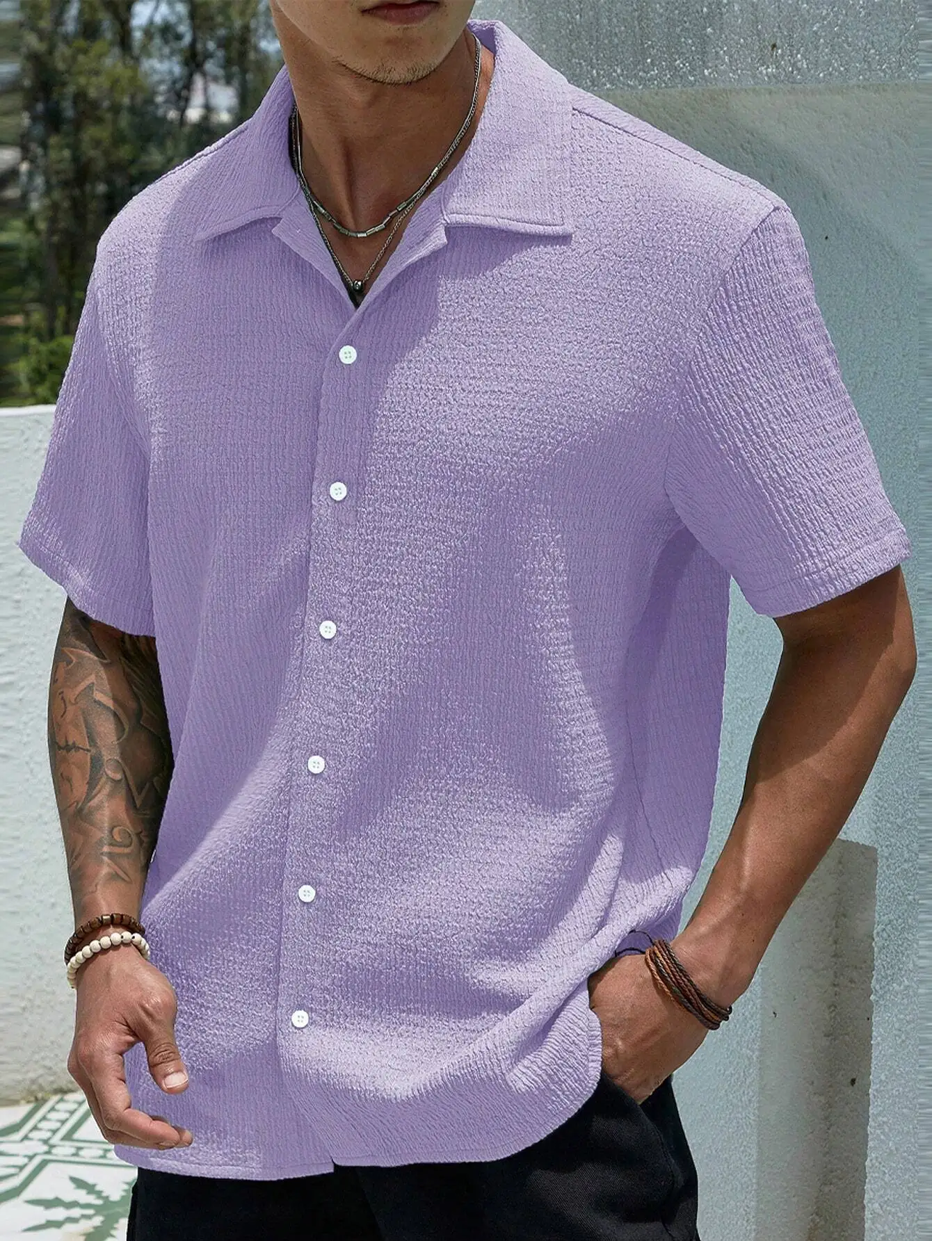 

Lavender Loose Fit Short Sleeve Collared Shirt for Men