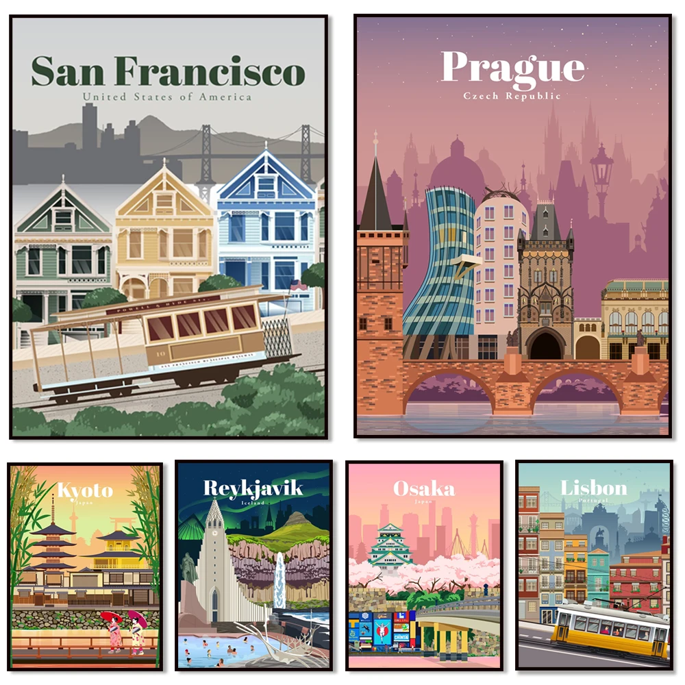 Tokyo, Kyoto, Belfast, Nara, Lisbon, Rome, San Francisco, Hyderabad, Stockholm, Bruges, Copenhagen, Osaka, Iceland travel poster