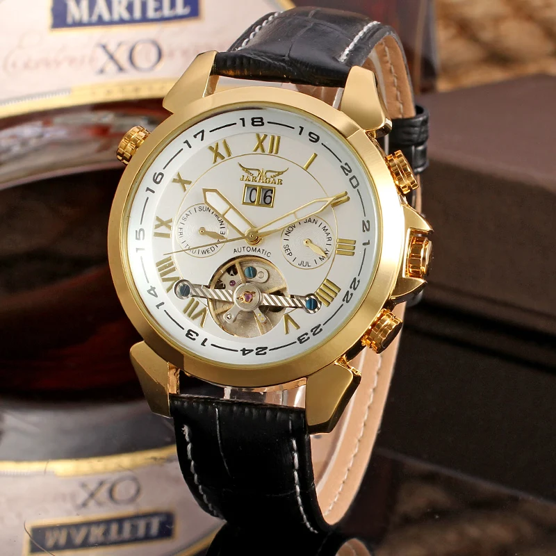 Fashiong Jaragar Top Brand Alloy Automatic Mechanical Casual Tourbillon Roman Scale Calendar Genuine Leather Belt Wrist Watches