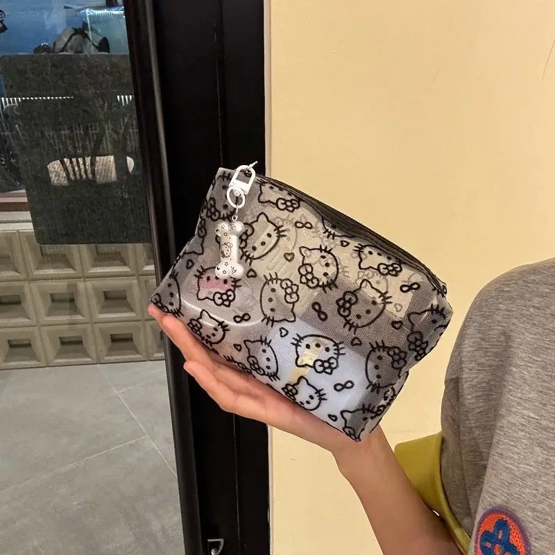 

Sanrio Hello Kitty Cute Black Mesh Makeup Bag Portable Large Capacity Storage Handheld Touch Up Bag Stain Resistant