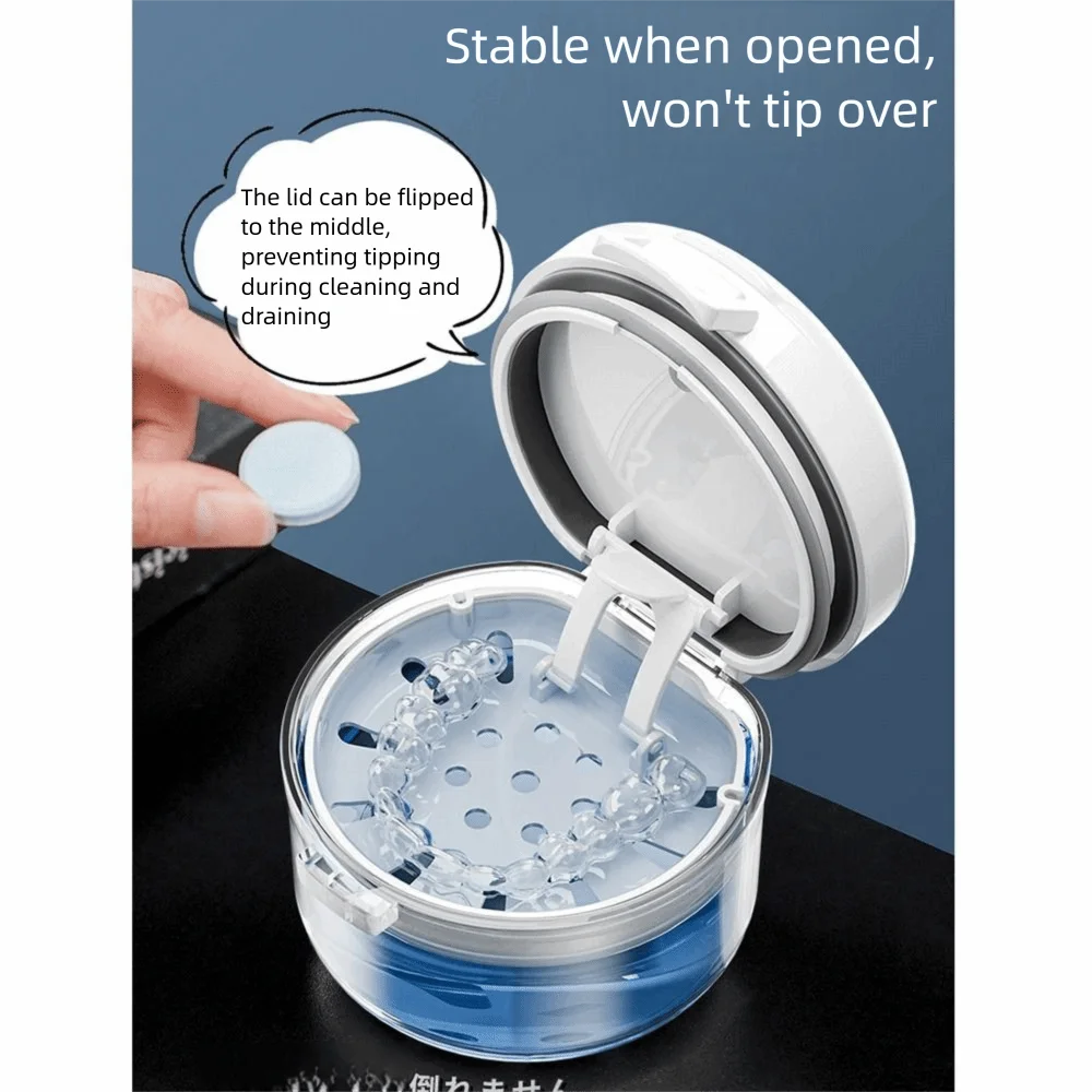 Double Layer Orthodontic Retainer Box Magnetic Cap Leak-proof Denture Soaking Cup with Cleaning Brush with Mirror