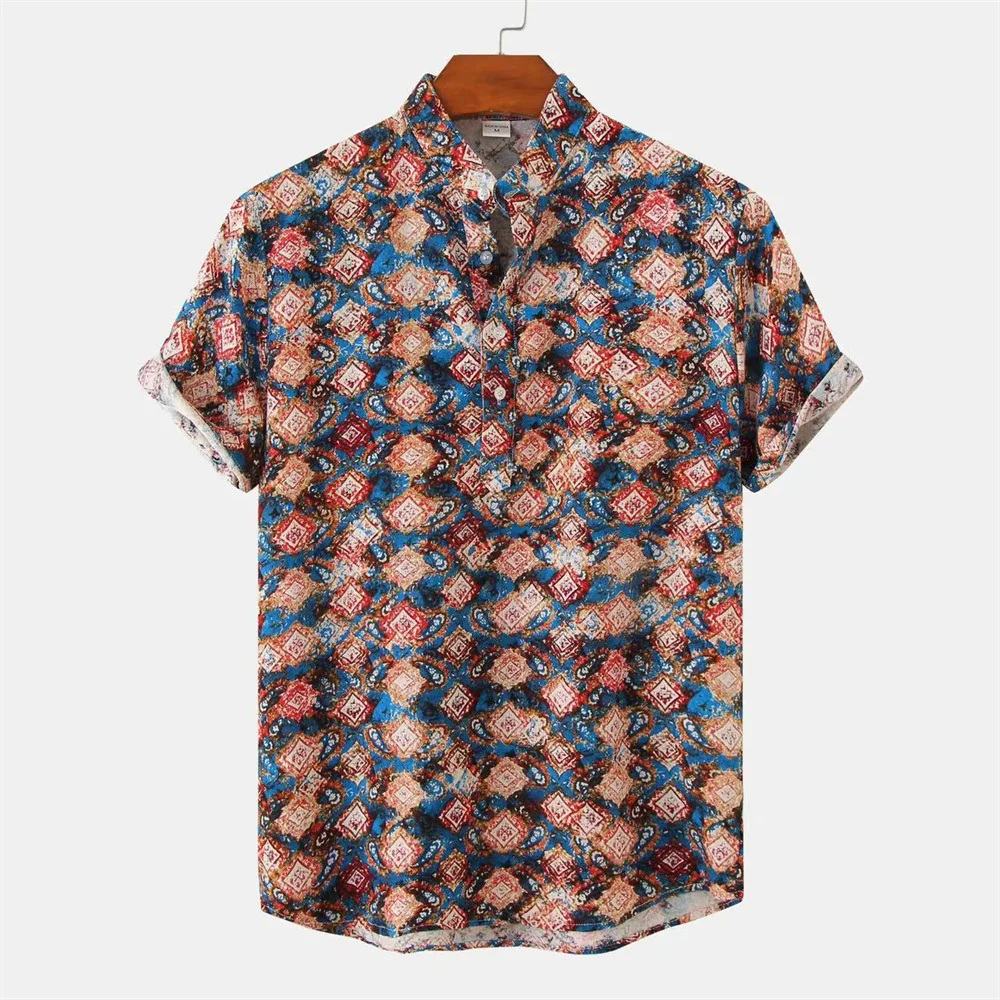 Camisas con estampado 3D para hombre, camisa de manga corta con cuello de pie, blusa informal de gran tamaño, estilo étnico