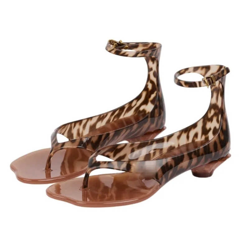 Fashion Women Ankle Buckle Sandals Ladies Peep Toe Leopard Print Low Heels Kittwen Heel Jelly Flip Flops Women PVC Shoes