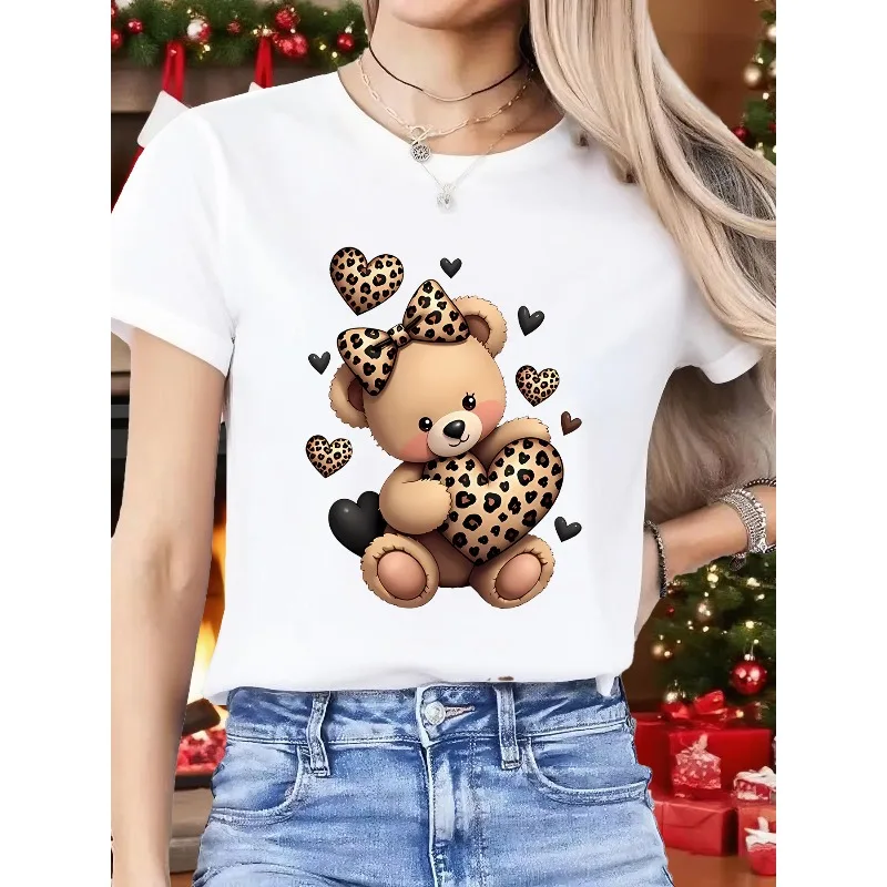 Women's Y2K Teddy Bear Heart Print Short-Sleeve Top Cute Plaid Bow Tie with Heart Pattern Paired with Black-Brown Bear T-Shirt