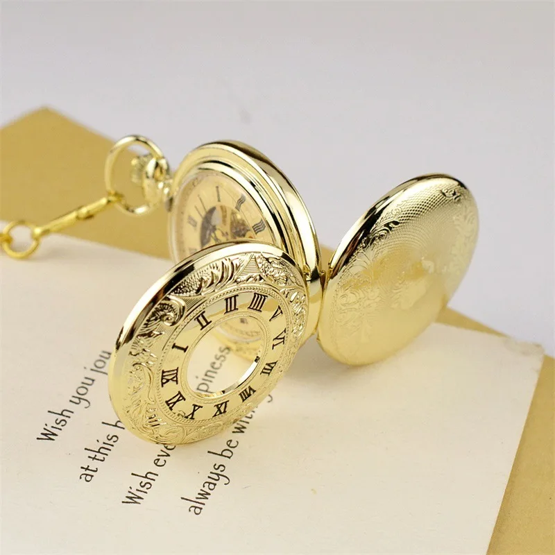 Luxury Mechanical Dual Two SideOpen Pocket Watch for Men Women Skeleton Roman Numeral Fob Chain Pendant Clock for Collection
