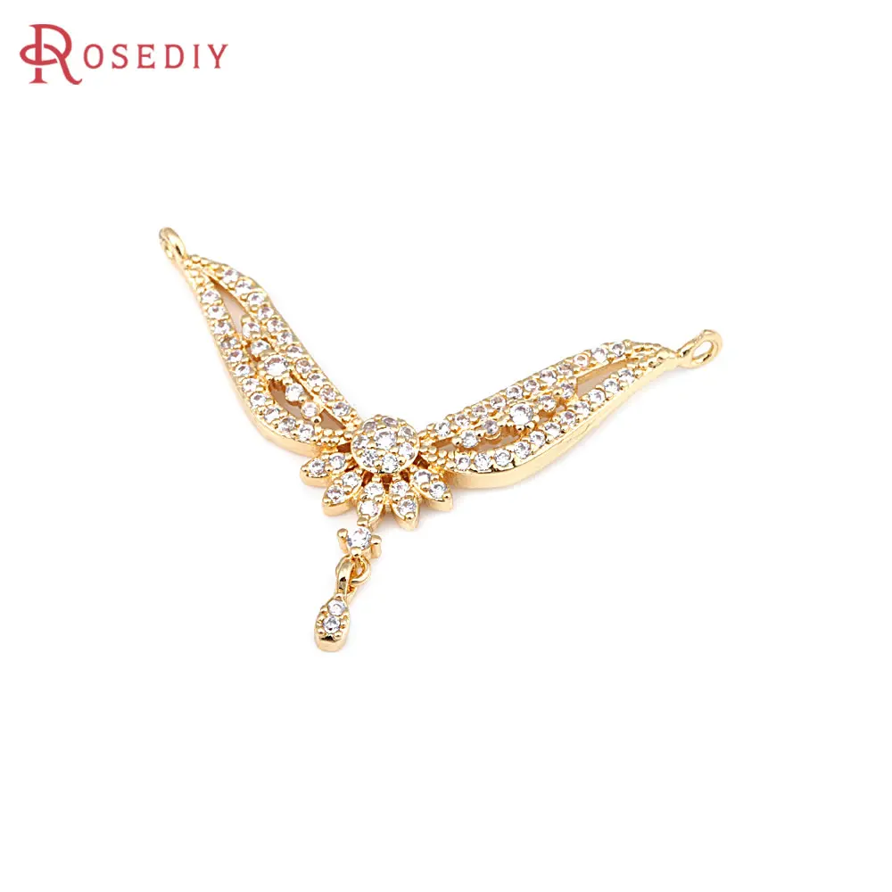 2PCS 18K Gold Color Brass and Zircon 2 Holes Wing Connect Charms High Quality Diy Jewelry Making Necklace Accessories for Women