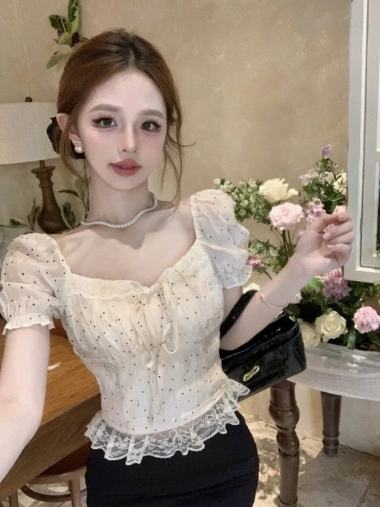 Fashion Sweet Shirts for Women Polka Dot Lace Patchwork Square Collar Puff Sleeve Blouses Summer Crop Tops 2024 Women\'s Clothing