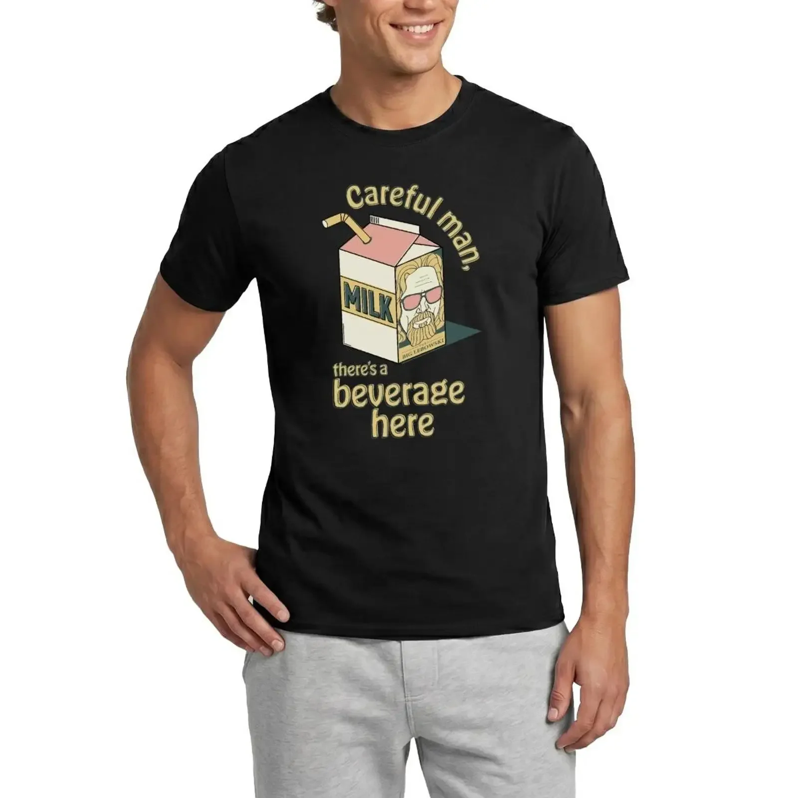 The Big Lebowski Careful Man There's a Beverage Here Herren-T-Shirt im Vintage-Stil, gewaschener Grafikdruck, bequemes Oberteil für den Alltag