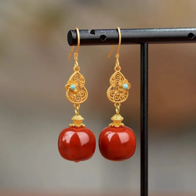 

9999 gold set with natural southern red agate earring 24K real gold new Chinese style gourd wedding festive red bridal earrings