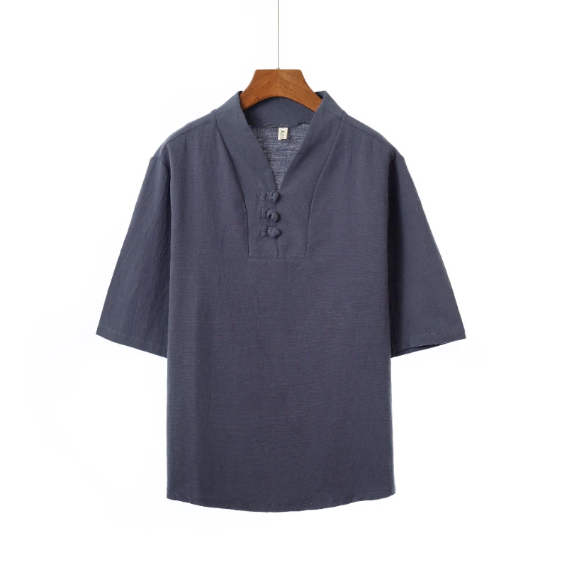 

100% cotton Japanese Asian and Pacific Traditional clothing Chinese-style cotton hemp V-neck button short-sleeved T-shirt