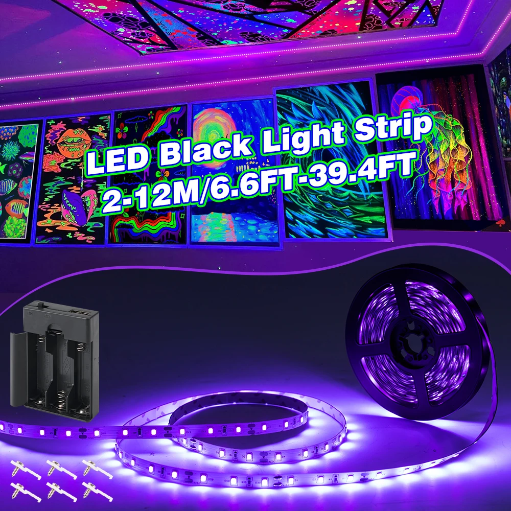 2M USB UV LED Strip Light with Battery Box - 1/2/3/4/5/6 Pcs Pack | Perfect for Holiday Decor, Glow Parties & Neon Ambiance