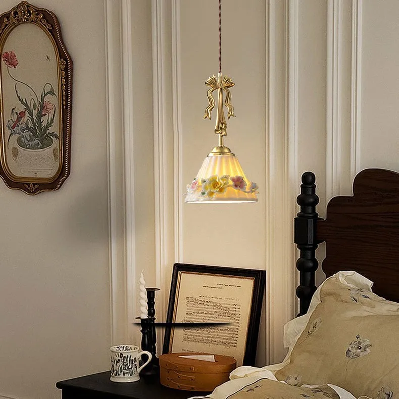 

Retro bedroom bedside chandelier antique living room background wall wall wall lamp bow ceramic flower lamp