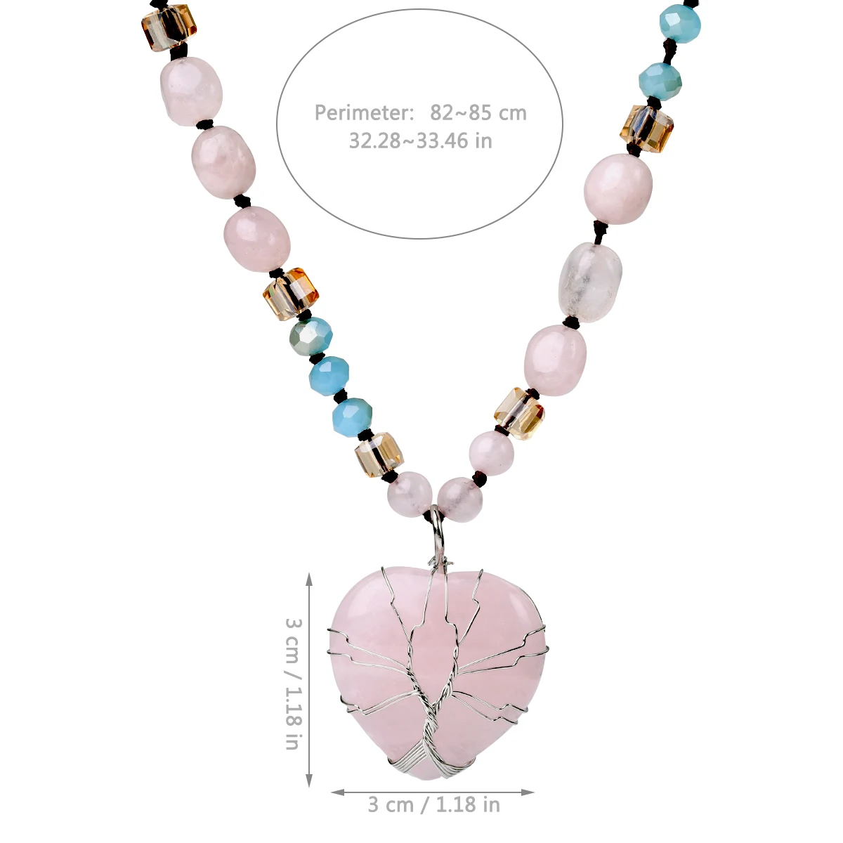 Natural Stone Rose Quartz Blue Crystal Bead Love Pendant Long Necklace Bohemian Women\'s Fashion and Exquisite Holiday Jewelry