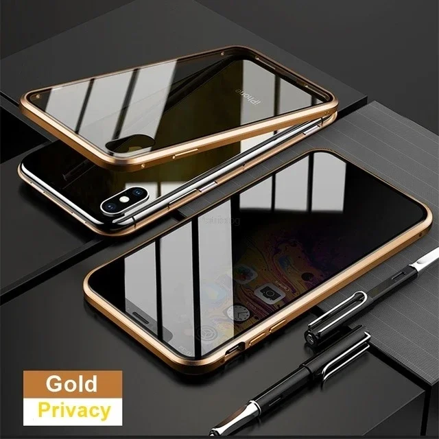 Magnetisch gehard glas Privacy Metal Case voor iPhone 15 14 13 12 XR 11 Pro MAX X 7 8 6 Plus 360 magneet Antispy beschermhoes