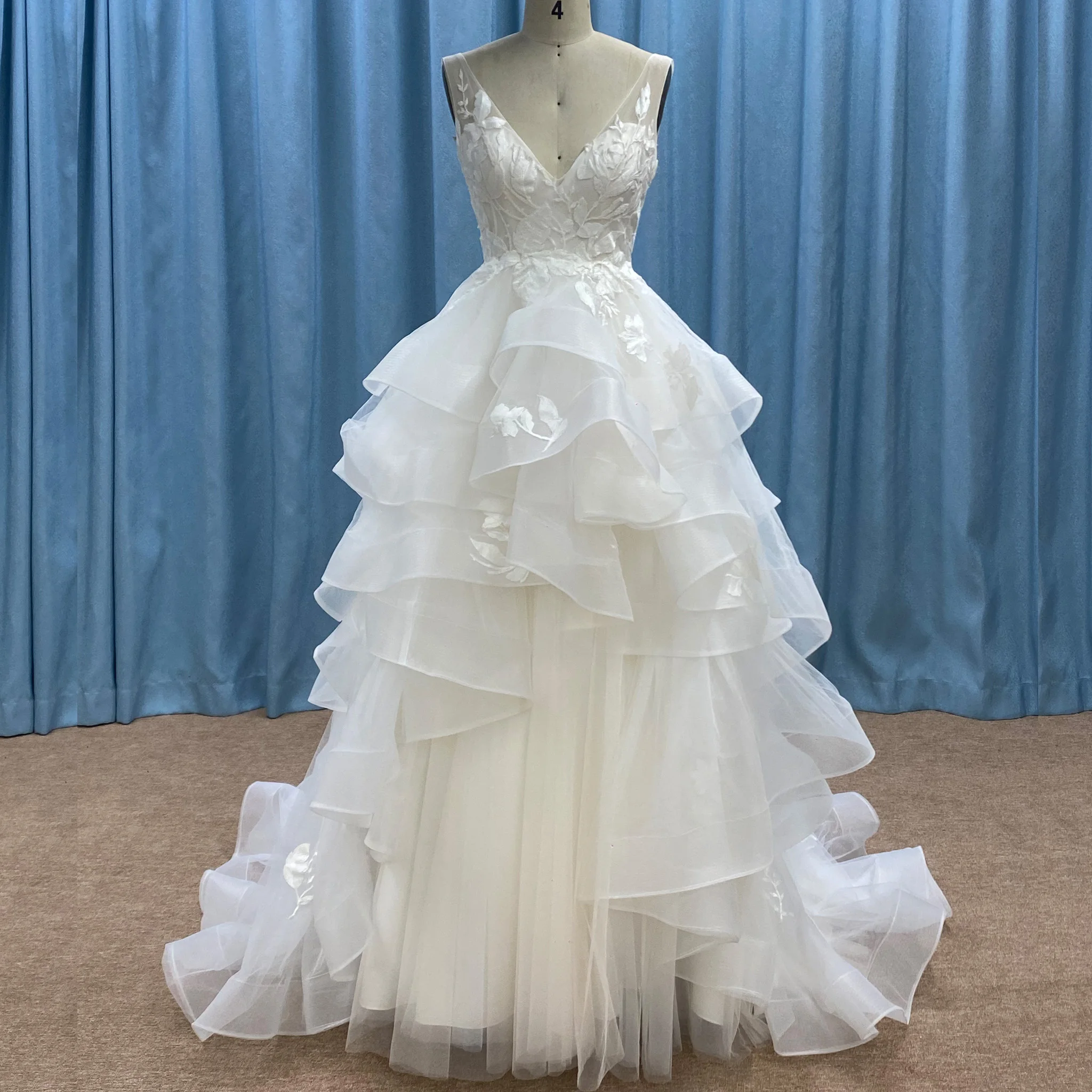 Rosymae Women's Backless Deep V-Neck Ruffle Wedding Dress with Tank Sleeves Sexy Gown for Brides