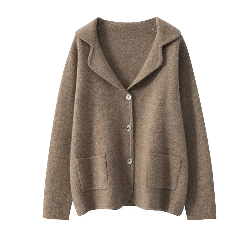 Women Cardigan 100% Cashmere Knitted Coat Autumn Turn-down Collar Warm Jacket Long Sleeve Soft Sweater Solid Color Loose Outwear