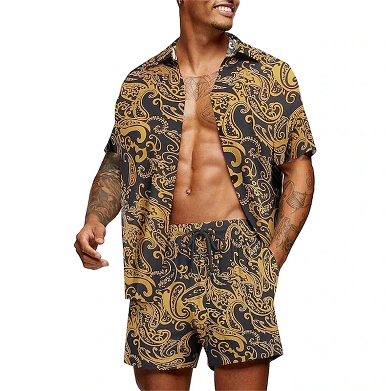 

Fashionable Floral Print Short-Sleeved Hawaiian Shirt 2-Piece Set Summer Versatile Top Shirt And Drawstring Shorts Set