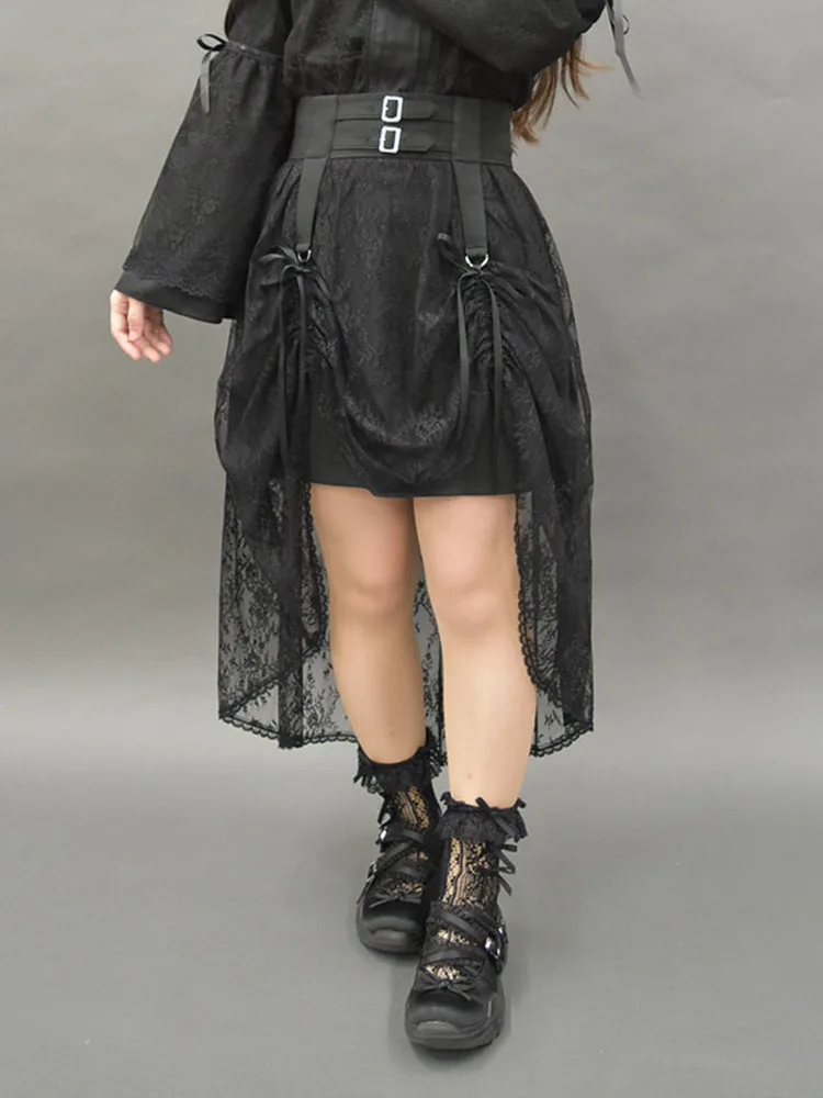 

Готическая юбка с кружевной лентой и узлом, юбка для элегантных девушек, миди-длина, стандартный тонкий силуэт А-силуэта