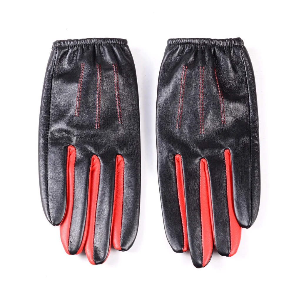 Leather Gloves Men Winter Black 100% Patent Leather Mittens Male Contrast Color Touch Screen Short Elastic Wrist Guantes Moto