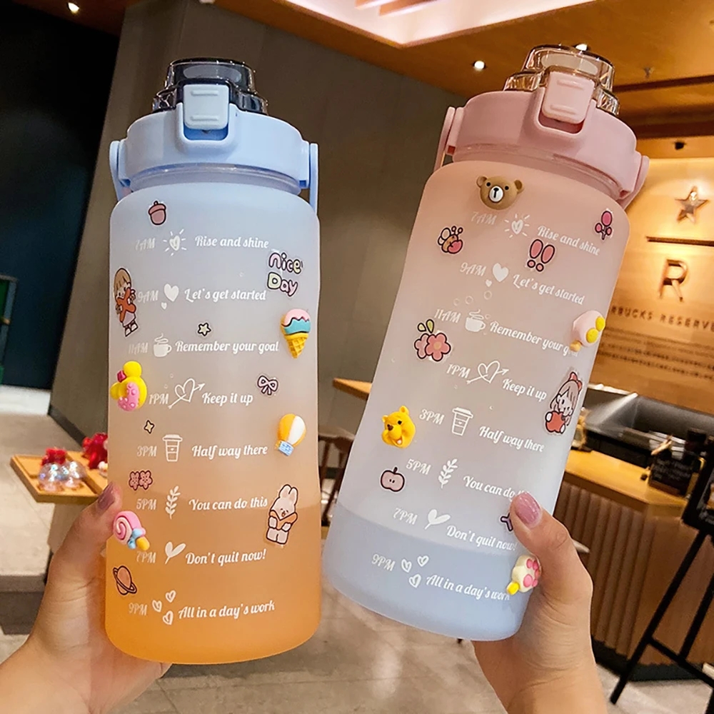 

2000ML Water Bottle Portable 2 Liter Bottles with Straws Time Scale Frosted Drink Bottle for Outdoor Sports Items Waterbottle