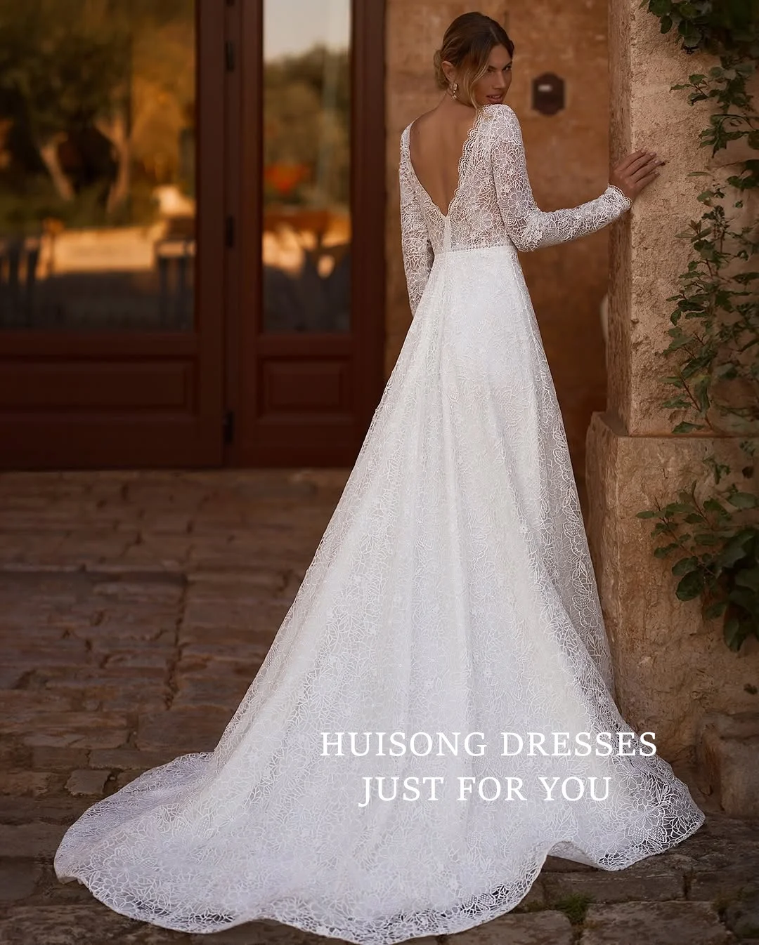 HUISONG مخصص Vestidos De Novia الدانتيل زينة بوهو فساتين زفاف طويلة الأكمام ألف خط فستان زفاف الشاطئ الأميرة الزفاف