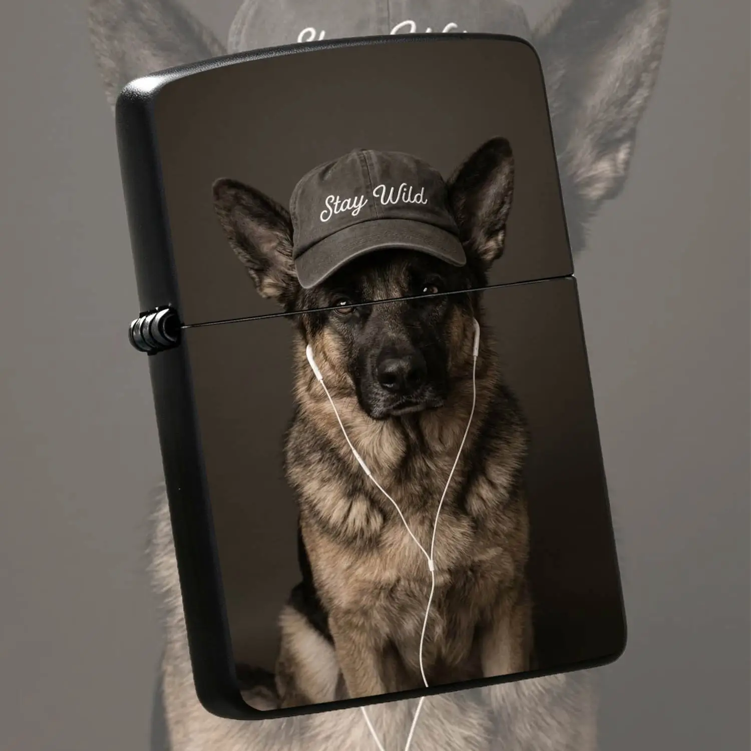 Title: Trendy German Shepherd Themed Portable Ignition Accessory, Printed with Cool Dog Wearing Baseball Cap & Earphones Stay Wild Fun Pattern, Suitable for Daily Hangout, Camping, Gathering, Mult A Humorous And Interesting Lighter
