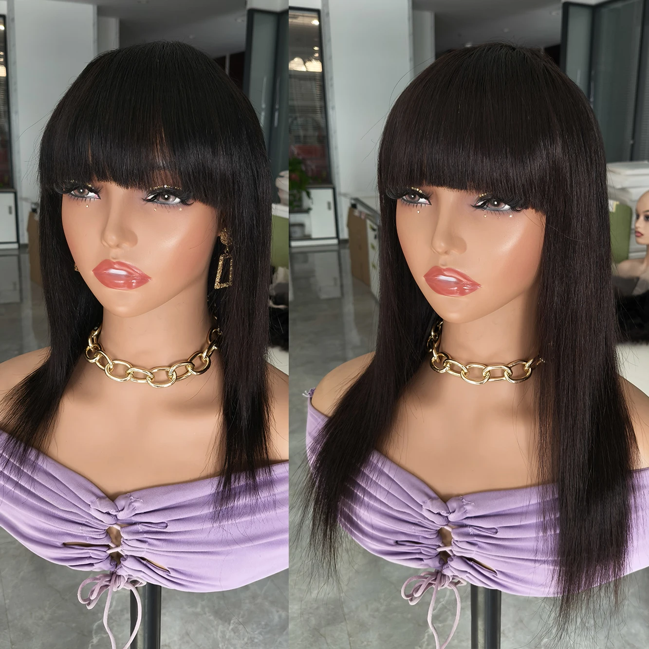 

100% Human Hair Wigs Short Wig with Bang Natural Black Color Straight Machine Made Wig with Fringe Bobbi