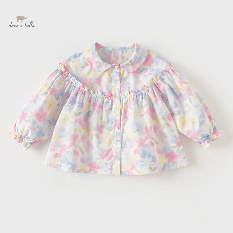 Dave Bella 2024 Spring Baby Girl Clothes Long Sleeve Blouses Floral Cotton Kids Shirts Children Kids Tops DB1240032