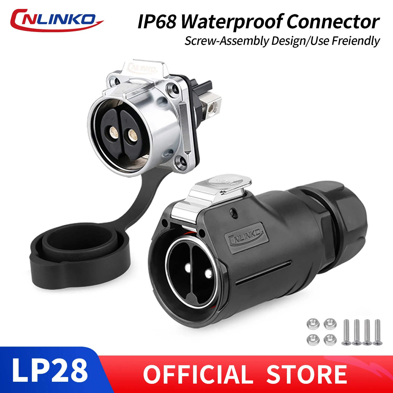 CNLINKO M28 50A 500V IP68 Circular Connector High Durability Screw Terminal 2Pin/3Pin Industrial Electrical Cable Connector