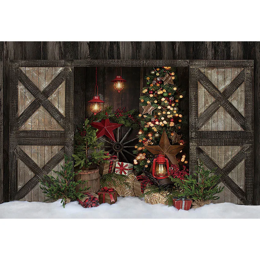 X-Mas ฉากหลังต้นคริสต์มาสโคมไฟระย้าของขวัญหิมะทารกแรกเกิดถ่ายภาพพื้นหลัง Photo Studio Props Photocall