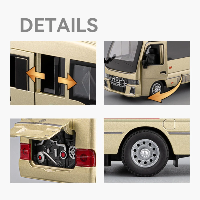 1:33 Toyota Coaster BUS Alloy Car Model Sound and Light Pull Back Children's Toy Collectibles Birthday gift