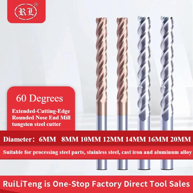 RUILITENG Extended-Cutting-Edge Rounded Nose End Mill 1mm 2mm Alloy Coated  tungsten steel cutter Tools 4Flutes CNC Milling
