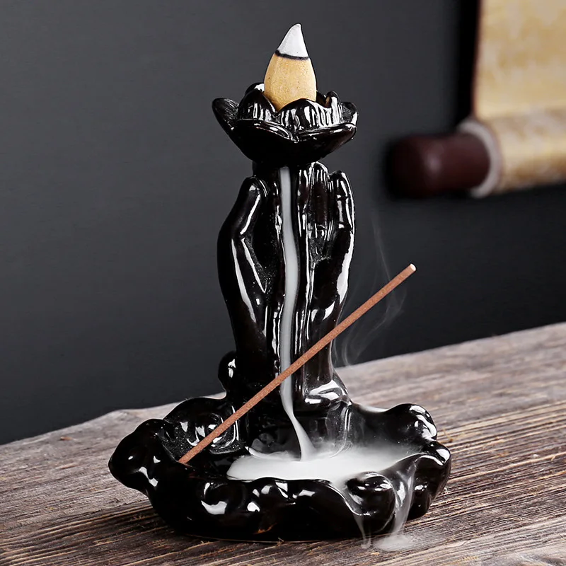 1PC Creative Home & Office Decor Backflow Incense Burner Waterfall Incense Holder Ceramic Smoke Cascade Design Buddha Hand NEW