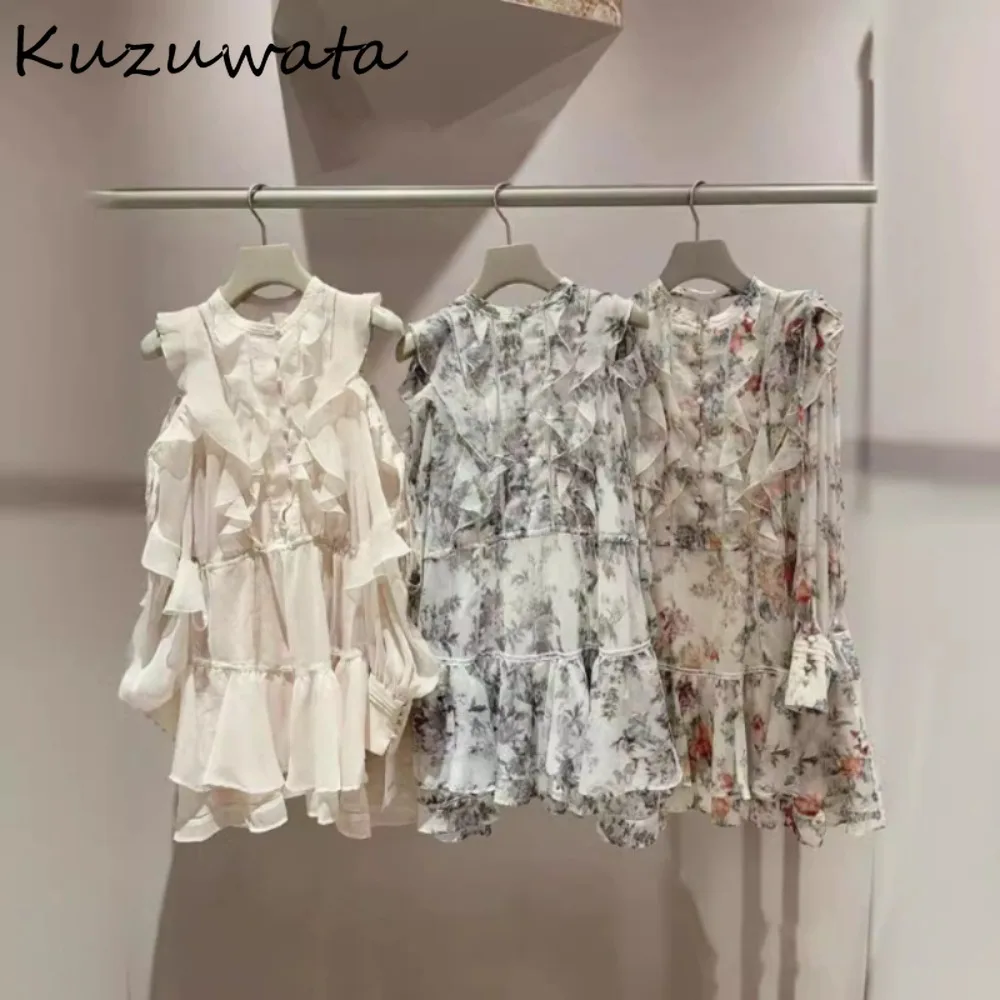 Kuzuwata Spring New Sweet O Neck Dress Off Shoulder Lace Up Print Chiffon Vestidos Japan Moda Ruffles Drawstring Patchwork Robe